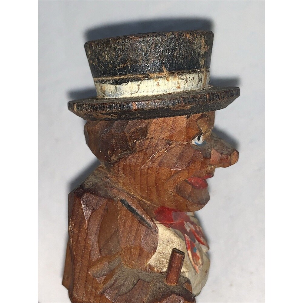 Vintage Hand Carved Wooden Man FolkArt Villager Figurine Top Hat Cane ANRI Style - Picture 7 of 16